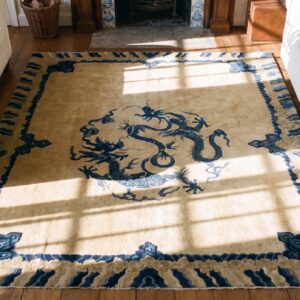 Antique Medallion Wool Hand Knotted Pile Blue 1920s Rug (SKU 25546) - styled overhead view