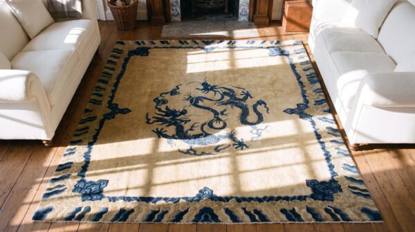 Antique medallion wool hand knotted pile blue 1920s rug 2 Antique medallion wool hand knotted pile blue 1920s rug (sku 25546) - styled overhead view