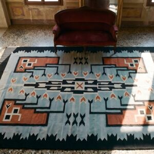 Antique Mexico Geometric Flat Weave Rug (SKU 25320) - styled overhead view