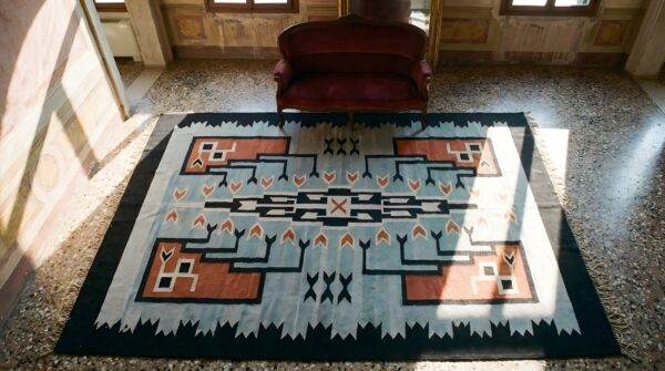 Antique mexico geometric flat weave rug 2 Antique mexico geometric flat weave rug (sku 25320) - styled overhead view
