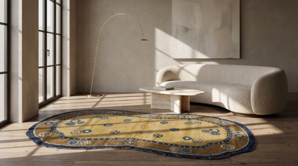 Antique mid 18th century chinese horse saddle cover yellow ningxia rug 6 Antique mid 18th century chinese horse saddle cover yellow ningxia rug (sku 21427) - room view