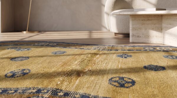 Antique mid 18th century chinese horse saddle cover yellow ningxia rug 7 Antique mid 18th century chinese horse saddle cover yellow ningxia rug (sku 21427) - in-room detail