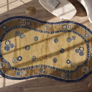 Antique Mid 18th century Chinese Horse Saddle Cover Yellow Ningxia Rug (SKU 21427) - styled overhead view