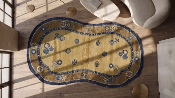 Antique mid 18th century chinese horse saddle cover yellow ningxia rug 2 Antique mid 18th century chinese horse saddle cover yellow ningxia rug (sku 21427) - styled overhead view