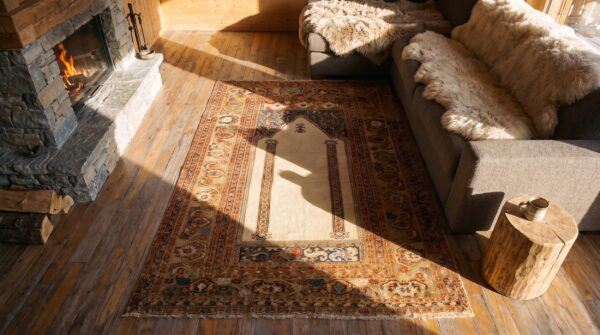Mid 18th century antique turkish ghiordes classic mehrab muslim prayer design rug 2 Mid 18th century antique turkish ghiordes classic mehrab muslim prayer design rug (sku 24516) - styled overhead view