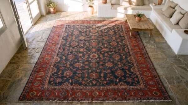 Mid 19th century blue tribal geometric antique northwest persian gallery size carpet 2 Mid 19th century blue tribal geometric antique northwest persian gallery size carpet (sku 22404) - styled overhead view