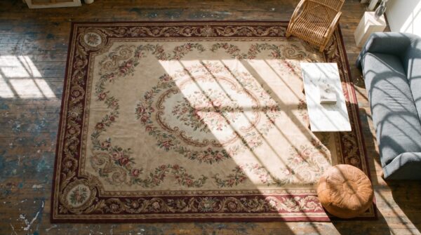 Antique mid 19th century floral napoleon iii design flat woven french aubusson carpet 2 Antique mid 19th century floral napoleon iii design flat woven french aubusson carpet (sku 18669) - styled overhead view