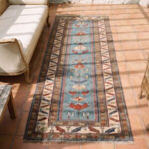 Antique Mid 19th Century Light Blue Caucasian Shirvan Hallway Runner Rug (SKU 19427) - styled overhead view