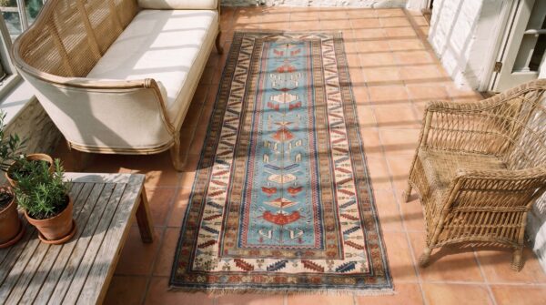 Antique mid 19th century light blue caucasian shirvan hallway runner rug 2 Antique mid 19th century light blue caucasian shirvan hallway runner rug (sku 19427) - styled overhead view