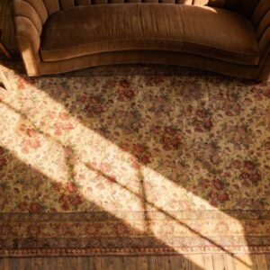 Mid 19th Century Light Ivory Antique Floral Pattern Persian Afshar Rug (SKU 21660) - styled overhead view