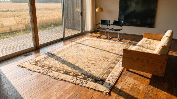 Mid 19th century antique neutral color geometric design mongolian rug (sku 22199) - room view