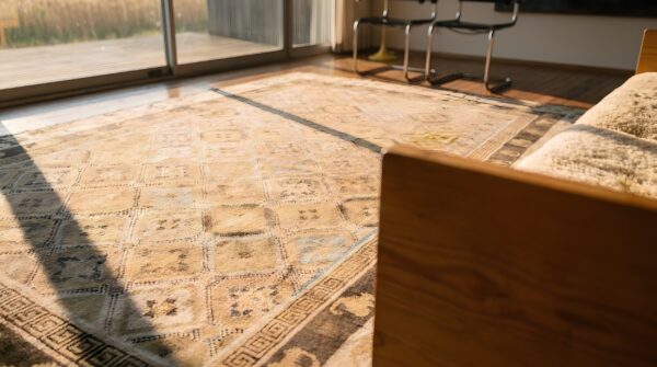Mid 19th century antique neutral color geometric design mongolian rug (sku 22199) - in-room detail