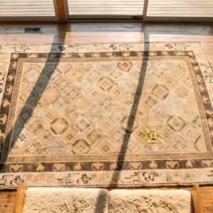 Mid 19th Century Antique Neutral Color Geometric Design Mongolian Rug (SKU 22199) - styled overhead view