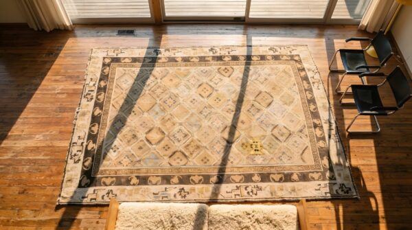 Mid 19th century antique neutral color geometric design mongolian rug (sku 22199) - styled overhead view