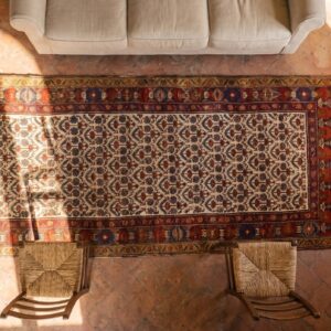 Mid 19th Century Persian Kurdish Carpet 3'6"×10'6" Hand-Knotted Wool (SKU 19284) - styled overhead view