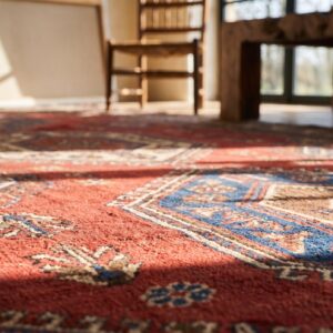Mid 19th Century Antique Rustic Tribal Ersari Beshir Coral Gallery Rug (SKU 18607) - in-room detail