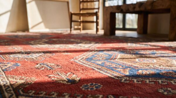 Mid 19th century antique rustic tribal ersari beshir coral gallery rug 7 Mid 19th century antique rustic tribal ersari beshir coral gallery rug (sku 18607) - in-room detail