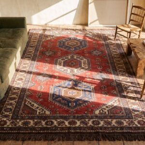 Mid 19th Century Antique Rustic Tribal Ersari Beshir Coral Gallery Rug (SKU 18607) - styled overhead view