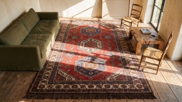 Mid 19th century antique rustic tribal ersari beshir coral gallery rug 2 Mid 19th century antique rustic tribal ersari beshir coral gallery rug (sku 18607) - styled overhead view