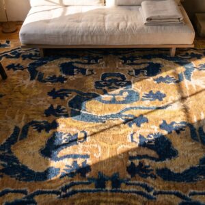 Mid 19th Century Small Square Antique Chinese Ningxia Dragon Rug (SKU 23336) - styled overhead view