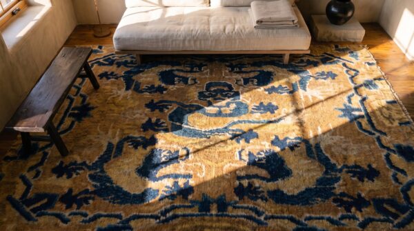 Mid 19th century small square antique chinese ningxia dragon rug 2 Mid 19th century small square antique chinese ningxia dragon rug (sku 23336) - styled overhead view