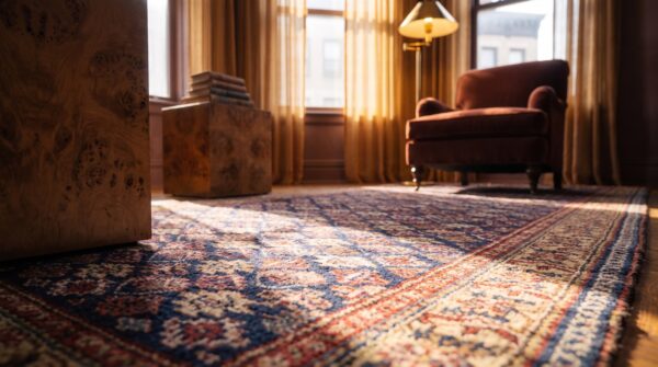 Mid 19th century tribal long and narrow antique nw persian blue kurdish gallery rug 7 Mid 19th century tribal long and narrow antique nw persian blue kurdish gallery rug (sku 21875) - in-room detail
