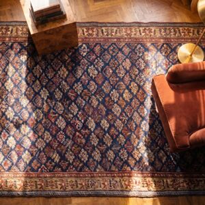 Mid 19th Century Tribal Long and Narrow Antique NW Persian Blue Kurdish Gallery Rug (SKU 21875) - styled overhead view