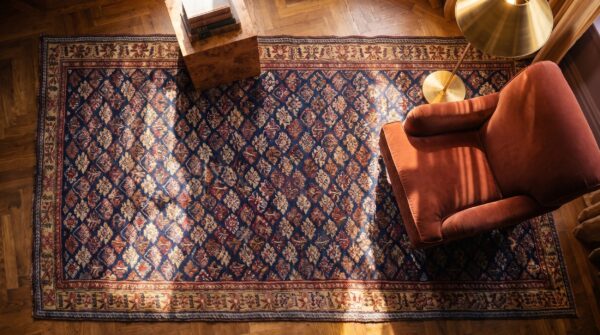 Mid 19th century tribal long and narrow antique nw persian blue kurdish gallery rug 2 Mid 19th century tribal long and narrow antique nw persian blue kurdish gallery rug (sku 21875) - styled overhead view