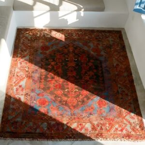 Mid 19th Century Tribal Antique Small Square Turkish Kula Rug (SKU 23484) - styled overhead view