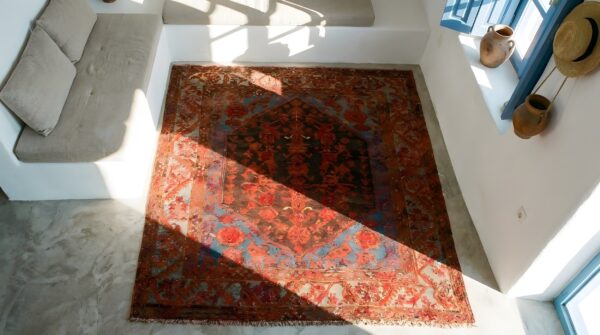 Mid 19th century tribal antique small square turkish kula rug 2 Mid 19th century tribal antique small square turkish kula rug (sku 23484) - styled overhead view
