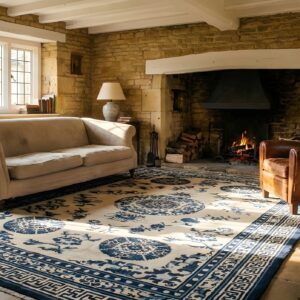Mid 19th Century Antique White and Blue Color Floral Chinese Ningxia Medallion Rug (SKU 25192) - room view