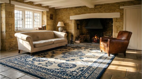 Mid 19th century antique white and blue color floral chinese ningxia medallion rug 6 Mid 19th century antique white and blue color floral chinese ningxia medallion rug (sku 25192) - room view