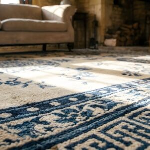 Mid 19th Century Antique White and Blue Color Floral Chinese Ningxia Medallion Rug (SKU 25192) - in-room detail