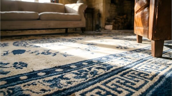 Mid 19th century antique white and blue color floral chinese ningxia medallion rug 7 Mid 19th century antique white and blue color floral chinese ningxia medallion rug (sku 25192) - in-room detail