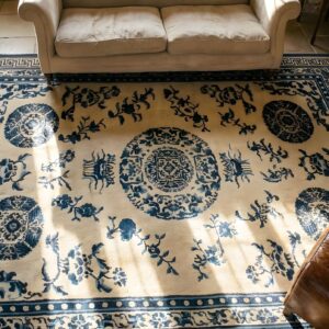 Mid 19th Century Antique White and Blue Color Floral Chinese Ningxia Medallion Rug (SKU 25192) - styled overhead view