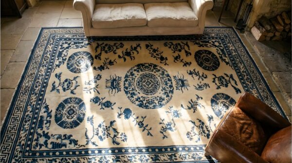 Mid 19th century antique white and blue color floral chinese ningxia medallion rug 2 Mid 19th century antique white and blue color floral chinese ningxia medallion rug (sku 25192) - styled overhead view