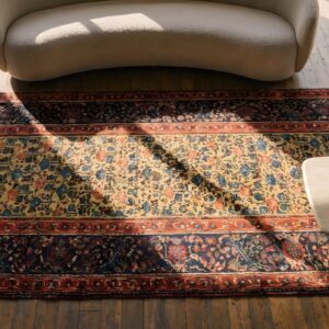 Antique Mid 19th Century Yellow Persian Bidjar Hallway Runner Rug (SKU 22967) - styled overhead view