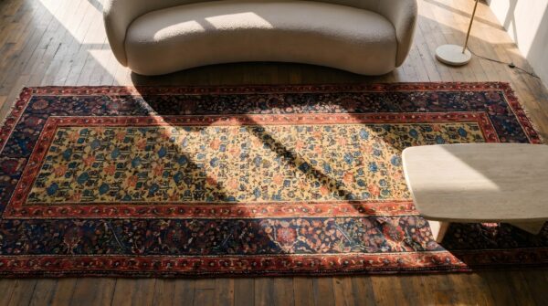 Antique mid 19th century yellow persian bidjar hallway runner rug (sku 22967) - styled overhead view