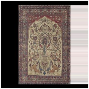 Mid Century Cream Traditional Luxury Pictorial Animal Antique Kerman Silk Rug