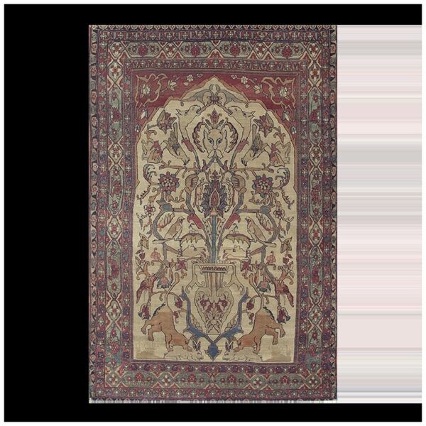 Mid century cream traditional luxury pictorial animal antique kerman silk rug