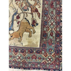 Mid Century Cream Traditional Luxury Pictorial Animal Antique Kerman Silk Rug - detail view 1