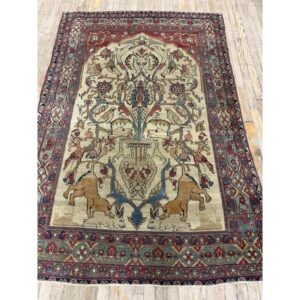 Mid Century Cream Traditional Luxury Pictorial Animal Antique Kerman Silk Rug - detail view 2
