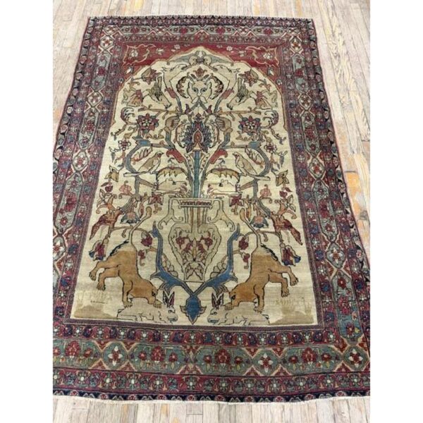 Mid century cream traditional luxury pictorial animal antique kerman silk rug - detail view 2