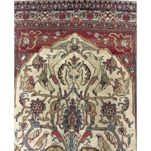Mid Century Cream Traditional Luxury Pictorial Animal Antique Kerman Silk Rug - detail view 3