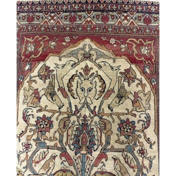 Mid century cream traditional luxury pictorial animal antique kerman silk rug - detail view 3