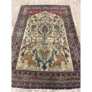 Mid Century Cream Traditional Luxury Pictorial Animal Antique Kerman Silk Rug - detail view 4