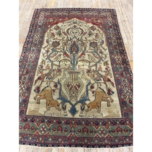 Mid century cream traditional luxury pictorial animal antique kerman silk rug - detail view 4