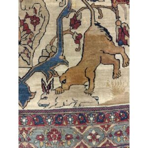Mid Century Cream Traditional Luxury Pictorial Animal Antique Kerman Silk Rug - detail view 5