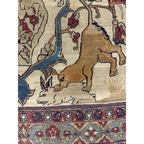 Mid century cream traditional luxury pictorial animal antique kerman silk rug - detail view 5