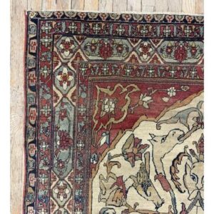 Mid Century Cream Traditional Luxury Pictorial Animal Antique Kerman Silk Rug - detail view 6